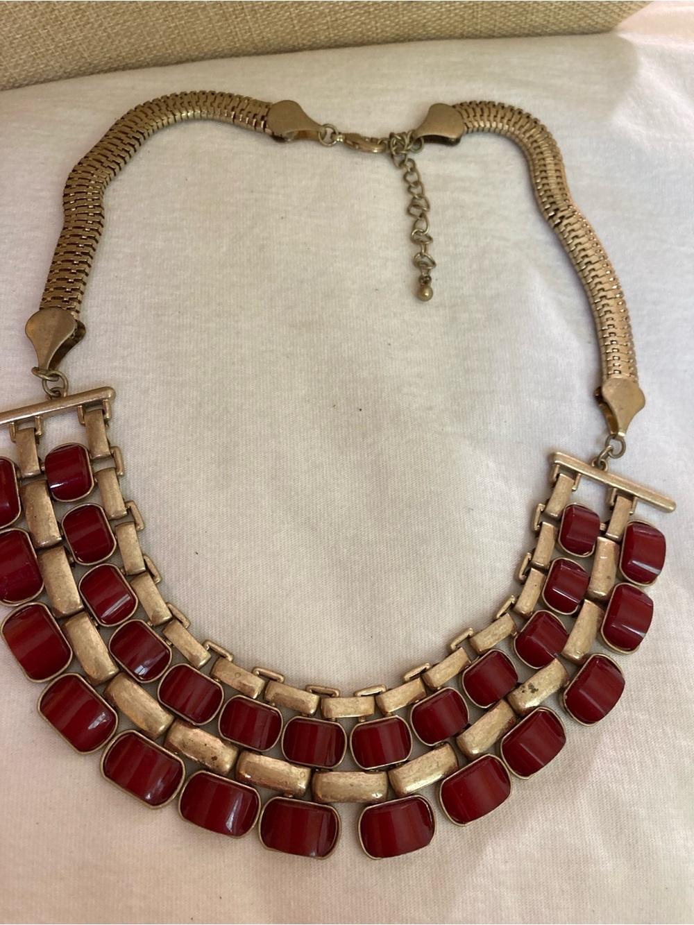 Mesh Gold Tone and Maroon Bib Statement Necklace